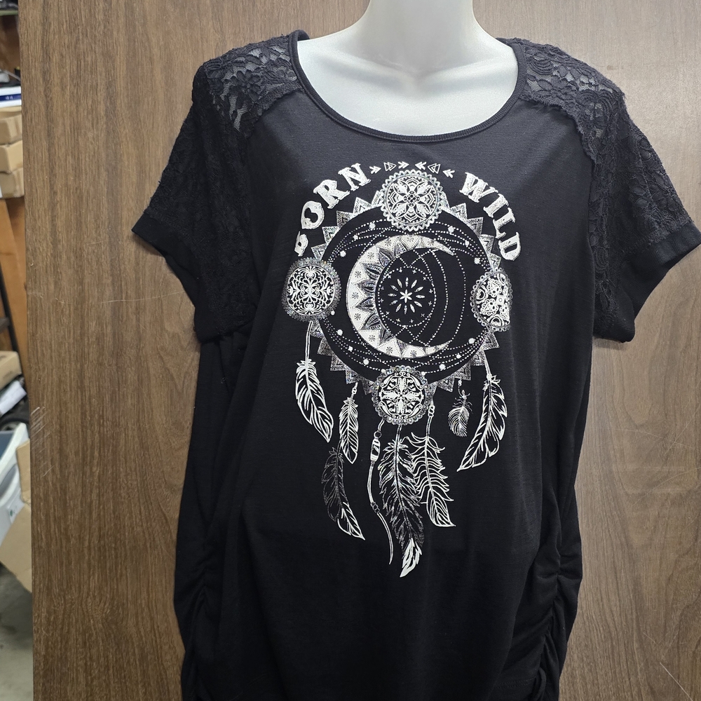 No Boundaries Black Dreamcatcher Lace Sleeve Top